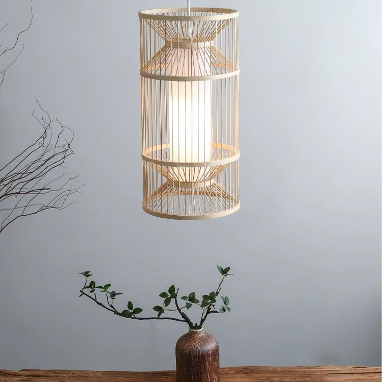 Zen style ceiling pendant in woven bamboo ribs, ideal for a peaceful meditation or reading room.