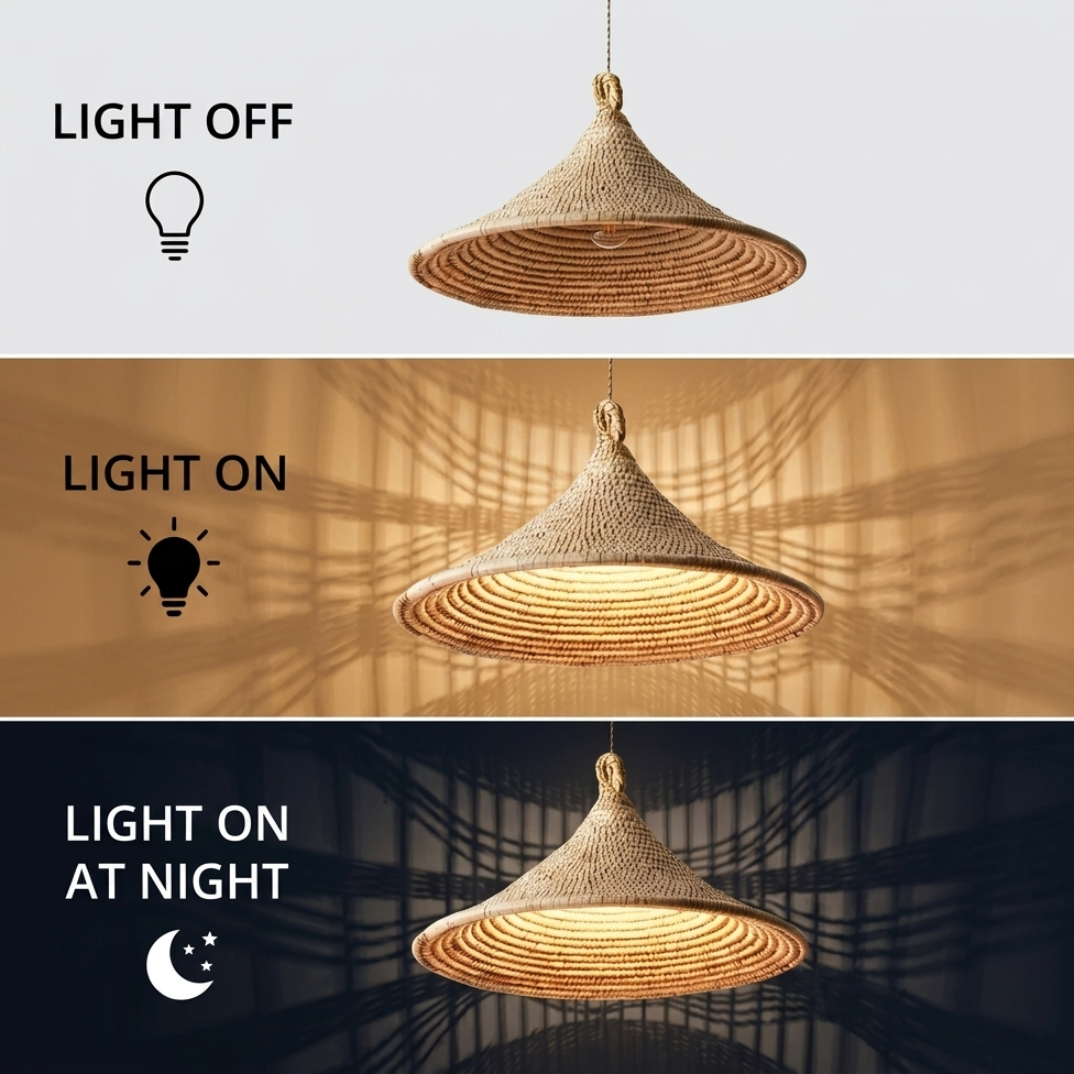 Chic jute ceiling light illuminating a home bar, bringing a touch of tropical luxury to indoor decor.