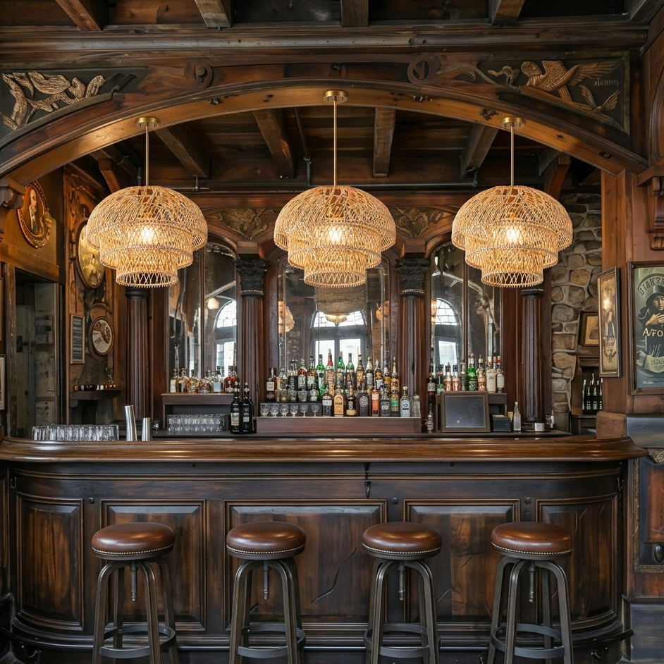 Chic rattan light fixture used as high-end interior decor in a trendy and modern coffee shop.