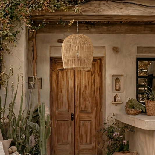 Chic rattan ceiling light illuminating a home bar, bringing a touch of tropical luxury to your indoor decor