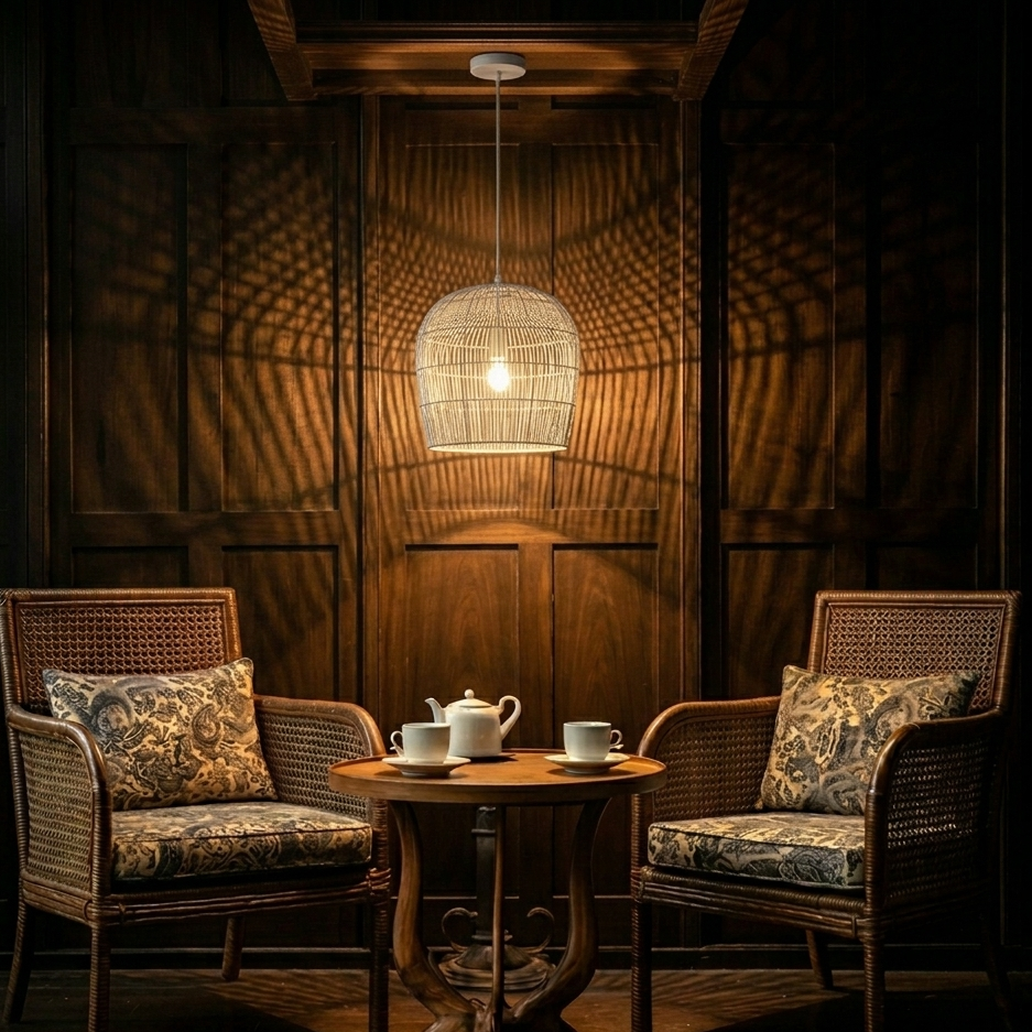 An elegant, classic vintage-style rattan hanging lamp, showcasing timeless artisan craftsmanship to bring sophisticated warmth to any room.