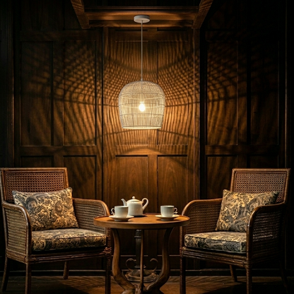An elegant, classic vintage-style rattan hanging lamp, showcasing timeless artisan craftsmanship to bring sophisticated warmth to any room.