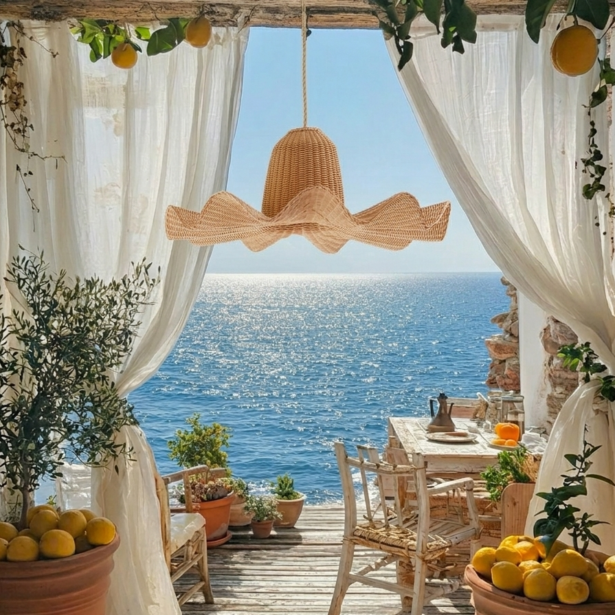 Coastal calm rattan scalloped ceiling pendant, evoking the relaxed, serene atmosphere of a high-end beach house.