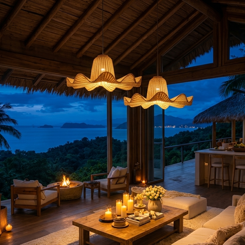 Coastal calm rattan scalloped ceiling pendant, evoking the relaxed, serene atmosphere of a high-end beach house.