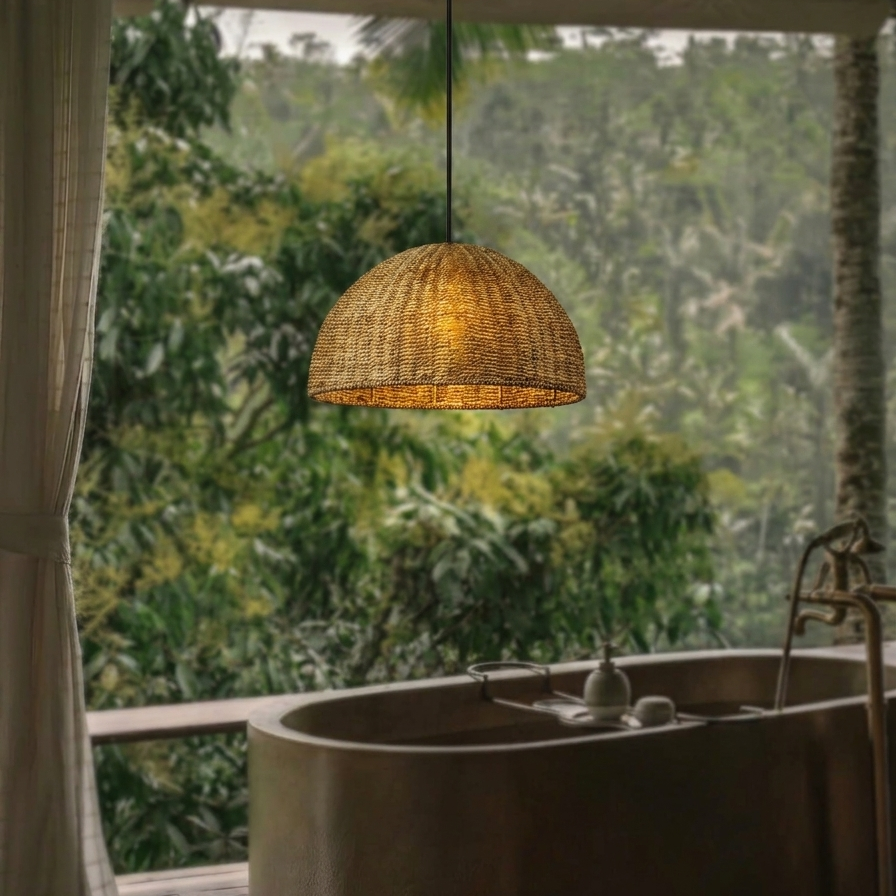 Coastal chic jute dome pendant lamp perfect for a relaxed seaside interior.