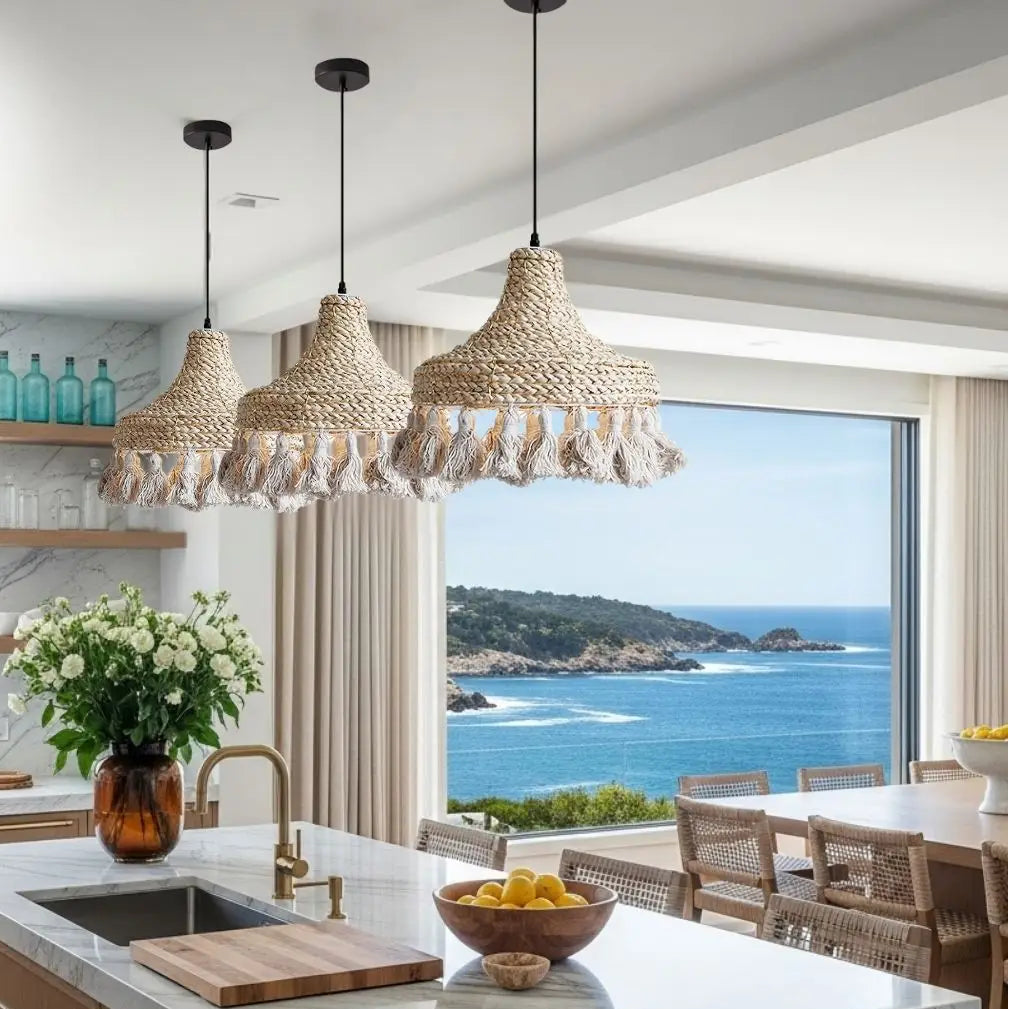 Coastal farmhouse style tassel pendant light perfect for creating a serene beach house theme.