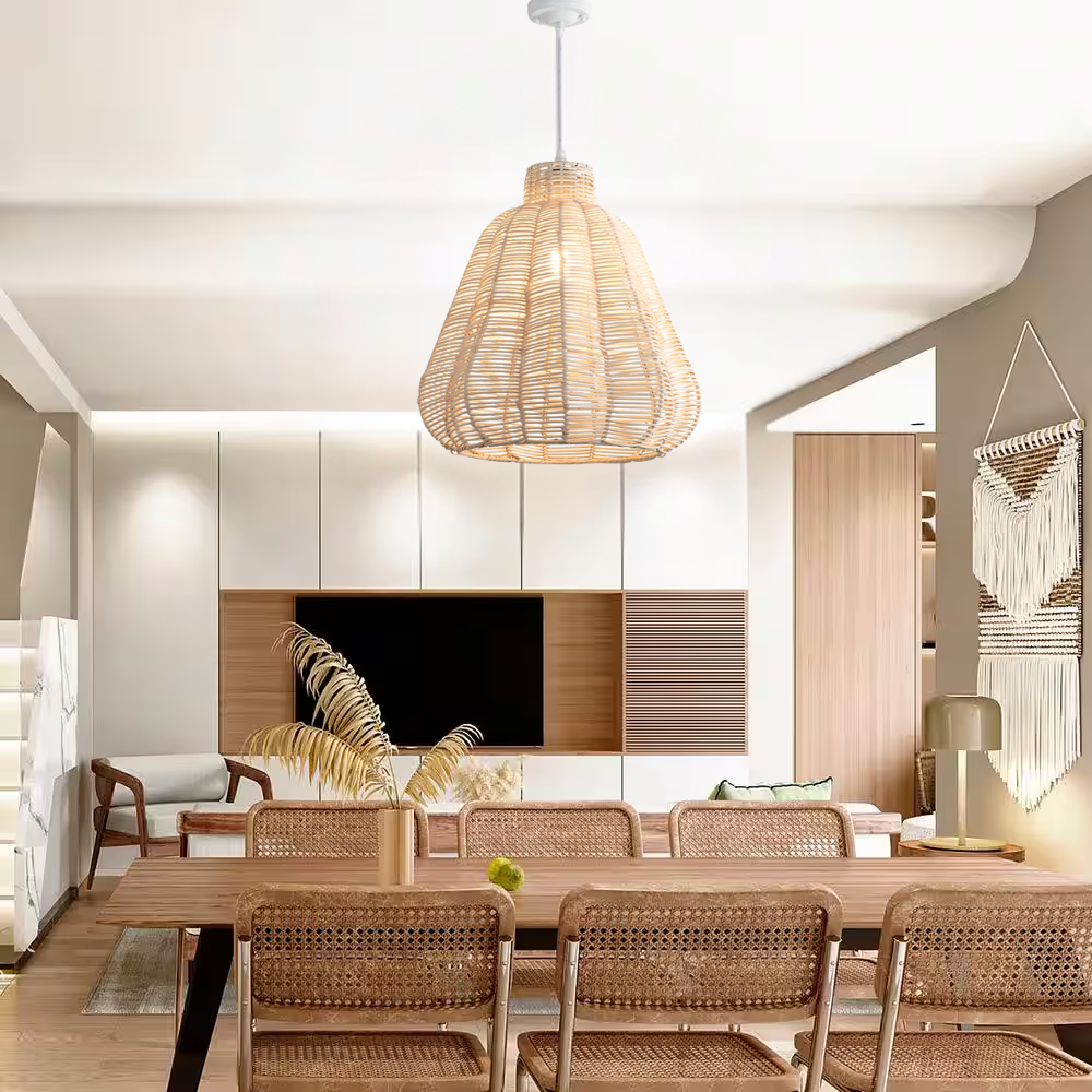 Coastal style natural fiber chandelier adding texture to modern dining spaces
