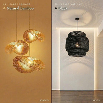 Contemporary Zen-style bamboo pendant lamp featuring a unique, modern geometric design
