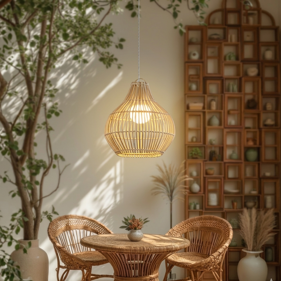 Stylish woven rattan pendant lamp creating a cozy ambiance in a modern cafe