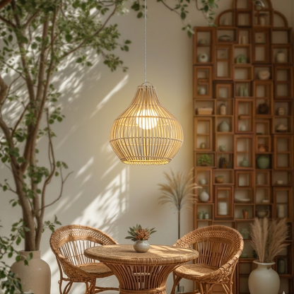 Stylish woven rattan pendant lamp creating a cozy ambiance in a modern cafe