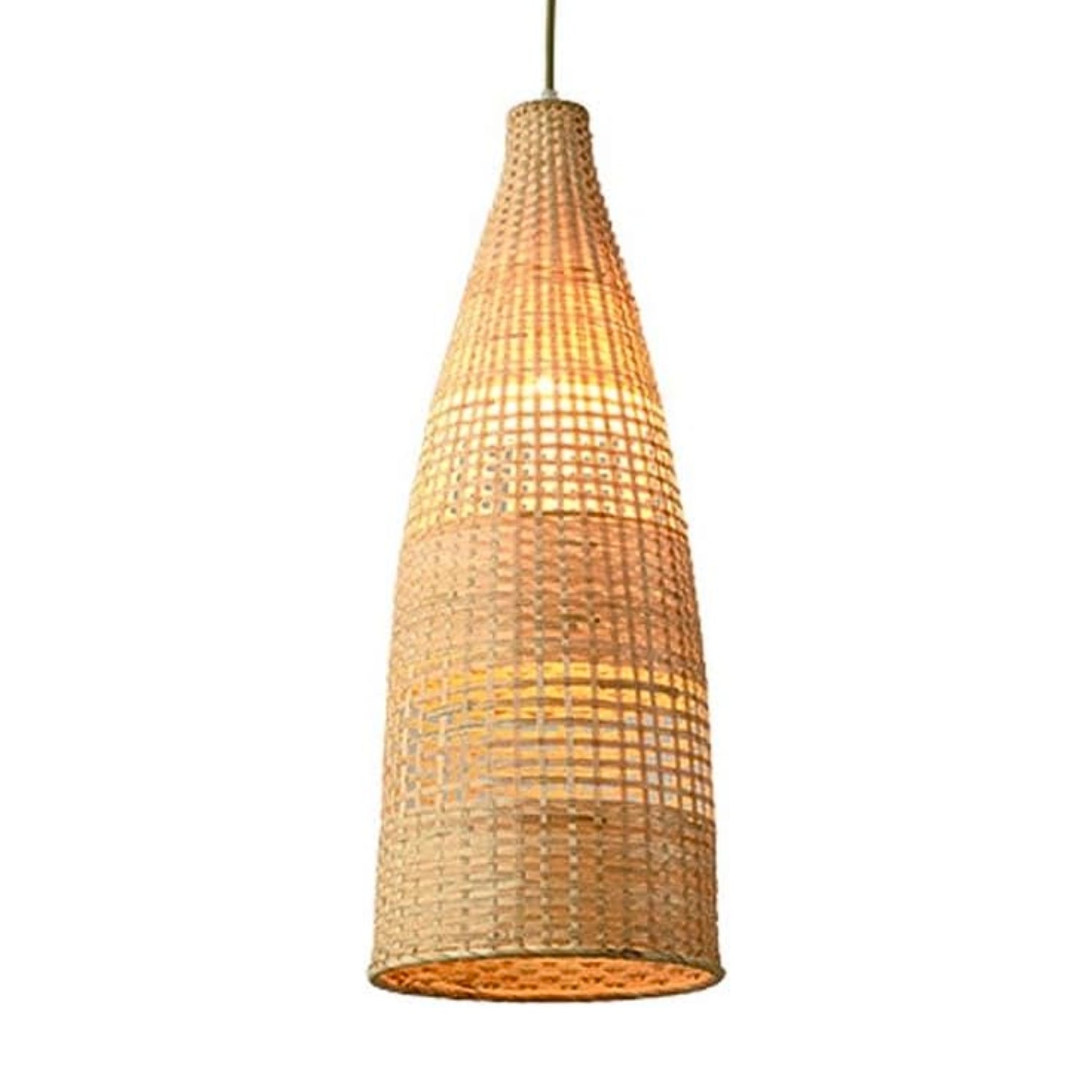 Contemporary asymmetric wicker chandelier setup with four open-weave shades hung at different drops.