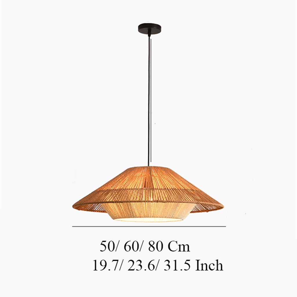 Tropical flared wicker chandelier bringing a warm, breezy coastal resort aesthetic into an urban living room.