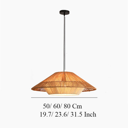 Tropical flared wicker chandelier bringing a warm, breezy coastal resort aesthetic into an urban living room.