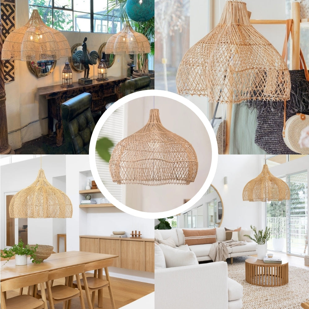 Tropical flared wicker petal chandelier bringing a fresh, warm, and breezy island resort villa vibe to an urban dining space.