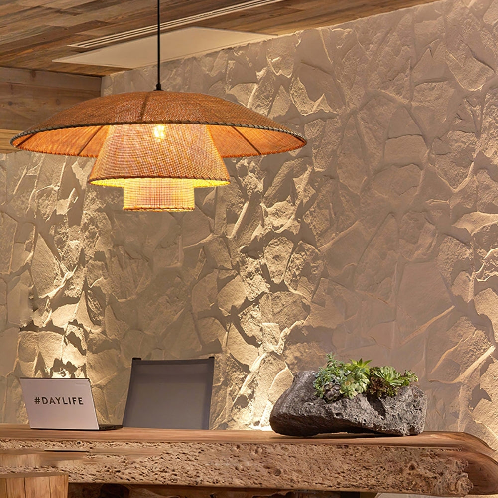 Tropical multi-tier wicker chandelier bringing a fresh, warm, and breezy coastal resort villa vibe to an urban residential space.