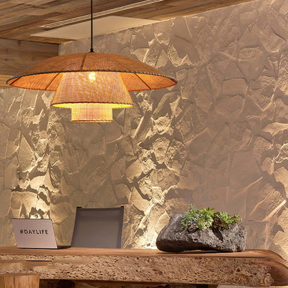 Tropical multi-tier wicker chandelier bringing a fresh, warm, and breezy coastal resort villa vibe to an urban residential space.