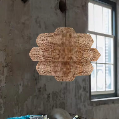 Tropical multi-tier wicker chandelier bringing a fresh, warm, and breezy coastal resort villa vibe to an urban residential space.