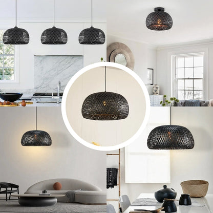 Contemporary dark woven lampshade hanging in a stylish modern space