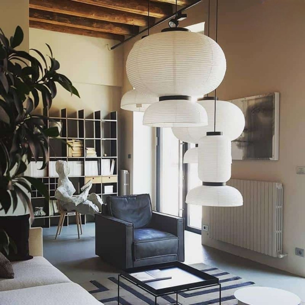Contemporary paper sphere pendant set for a sophisticated minimalist Zen space
