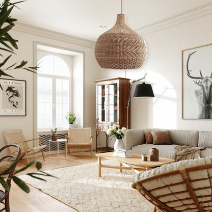 Contemporary rattan pendant light set in a modern living room setting