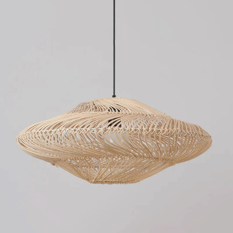 Artistic Japandi ceiling fixture with a modern curved disk shape crafted from premium wicker