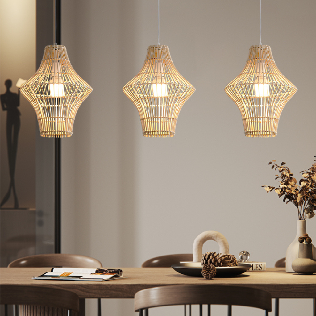 Contemporary tiered rattan ceiling lamp providing soft and inviting illumination