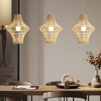 Contemporary tiered rattan ceiling lamp providing soft and inviting illumination