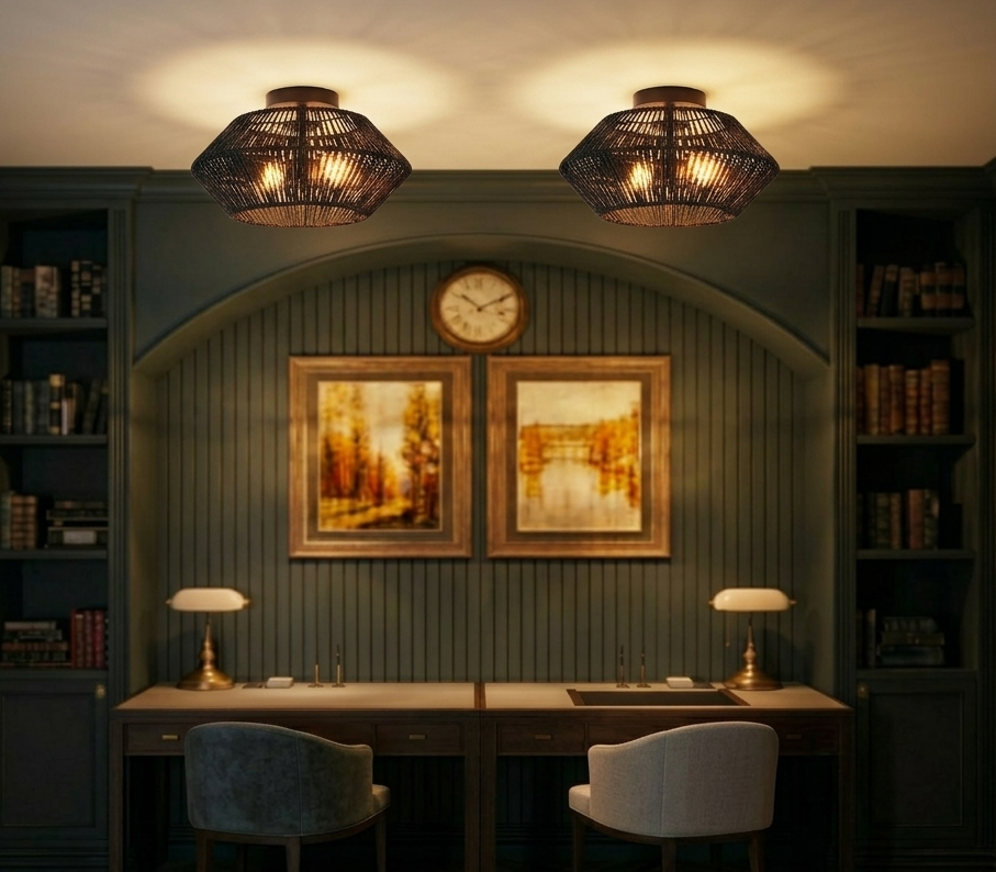 Contemporary woven globe flush mount light for a clean, stylish, and sophisticated ceiling design.