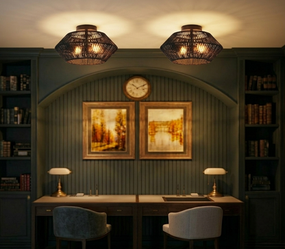 Contemporary woven globe flush mount light for a clean, stylish, and sophisticated ceiling design.