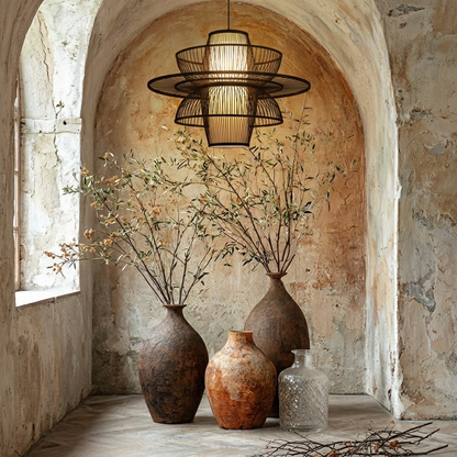 Contemporary Zen-style bamboo chandelier featuring a unique modern geometric shape