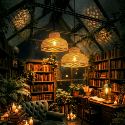 Cozy bamboo pendant light for reading nook, providing soft, perfect lighting