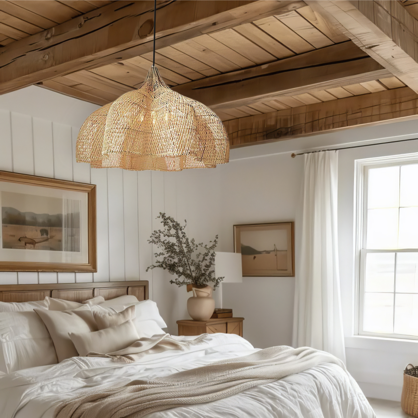 Cozy bedroom rattan pendant light hanging beside the bed, filtering a soft and relaxing amber glow perfect for a peaceful night's rest.