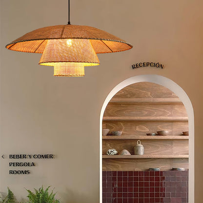 Aesthetic earthy bedside multi-tier pendant creating a calm, zen, and peaceful atmosphere with soft filtered golden lighting.