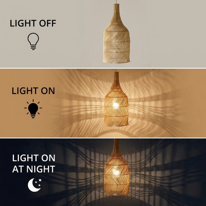 A Cozy Home Bamboo cylinder pendant light, creating inviting warmth and a soft, comfortable atmosphere.
