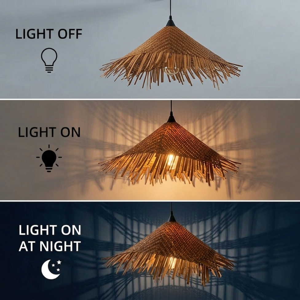 A Cozy Home bamboo fringe pendant light, creating inviting warmth and a soft, comfortable atmosphere.