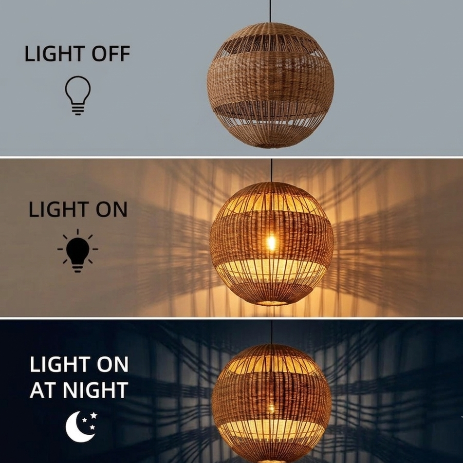 A Cozy Home bamboo globe pendant light, creating inviting warmth and a soft, comfortable atmosphere.