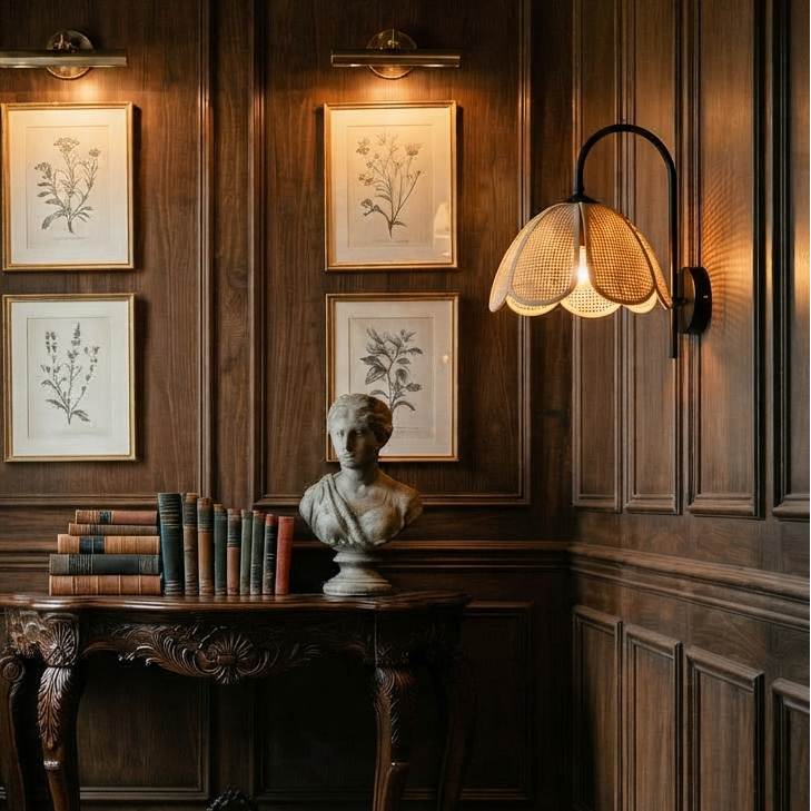 Quiet luxury inspired cozy home rattan wall sconce for a refined Entryway and living area