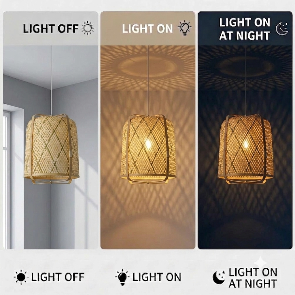 Elegant quiet luxury lighting, artisanal bamboo lamp for cozy home atmosphere, cylinder design.