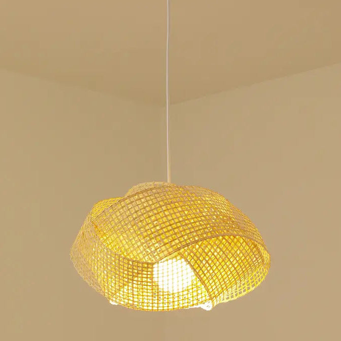Elegant quiet luxury lighting, artisanal bamboo lamp for cozy home atmosphere, sculptural design.
