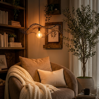 Elegant quiet luxury lighting, artisanal sculptural lamp for cozy home atmosphere.