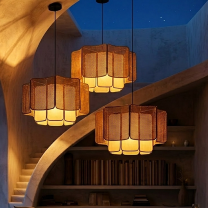 Elegant quiet luxury lighting, artisanal rattan lamp for cozy home atmosphere, tiered design.