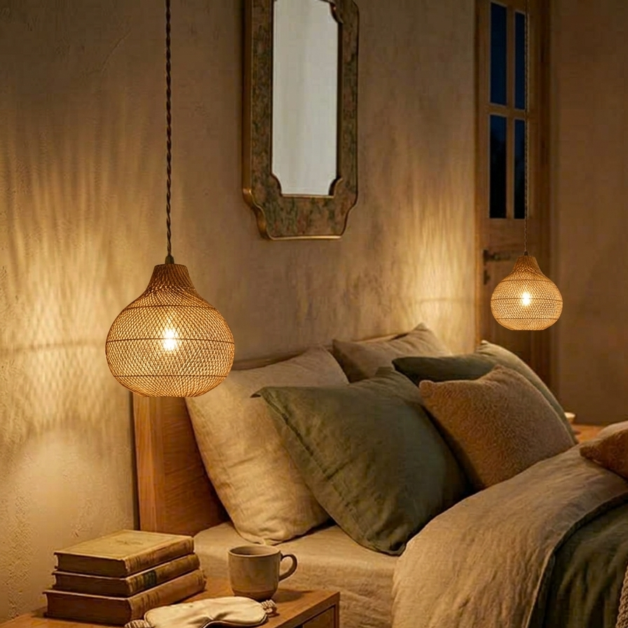 Elegant quiet luxury lighting, artisanal rattan lamp set for cozy home atmosphere.