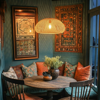 Elegant quiet luxury lighting, artisanal wicker lamp for cozy home atmosphere.
