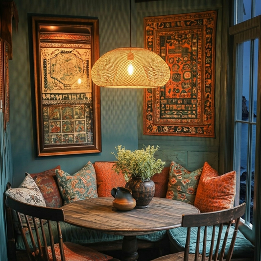 Elegant quiet luxury lighting, artisanal wicker lamp for cozy home atmosphere.