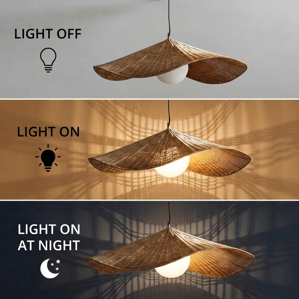 A Cozy Home Wicker and glass globe pendant light, creating inviting warmth and a comfortable atmosphere.