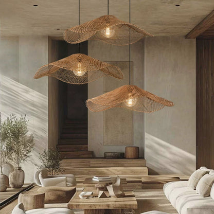 Aesthetic earthy floating wave lamp creating a serene and warm relaxing atmosphere for a Japandi style dining hall.