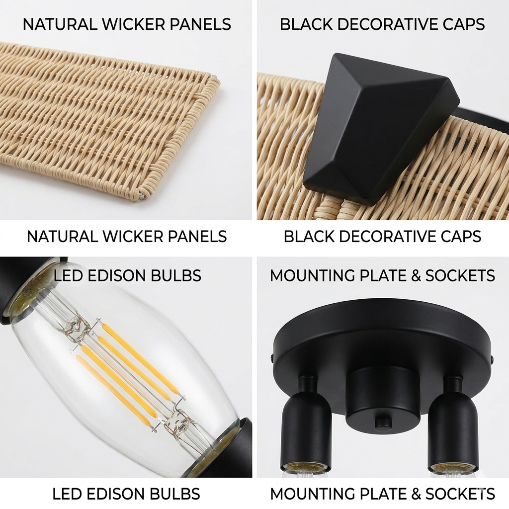 Cozy rattan light providing the perfect warm, focused overhead light for a comfortable home reading nook.