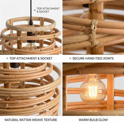 Cozy rattan pendant light providing the perfect warm, focused overhead light for a reading nook.