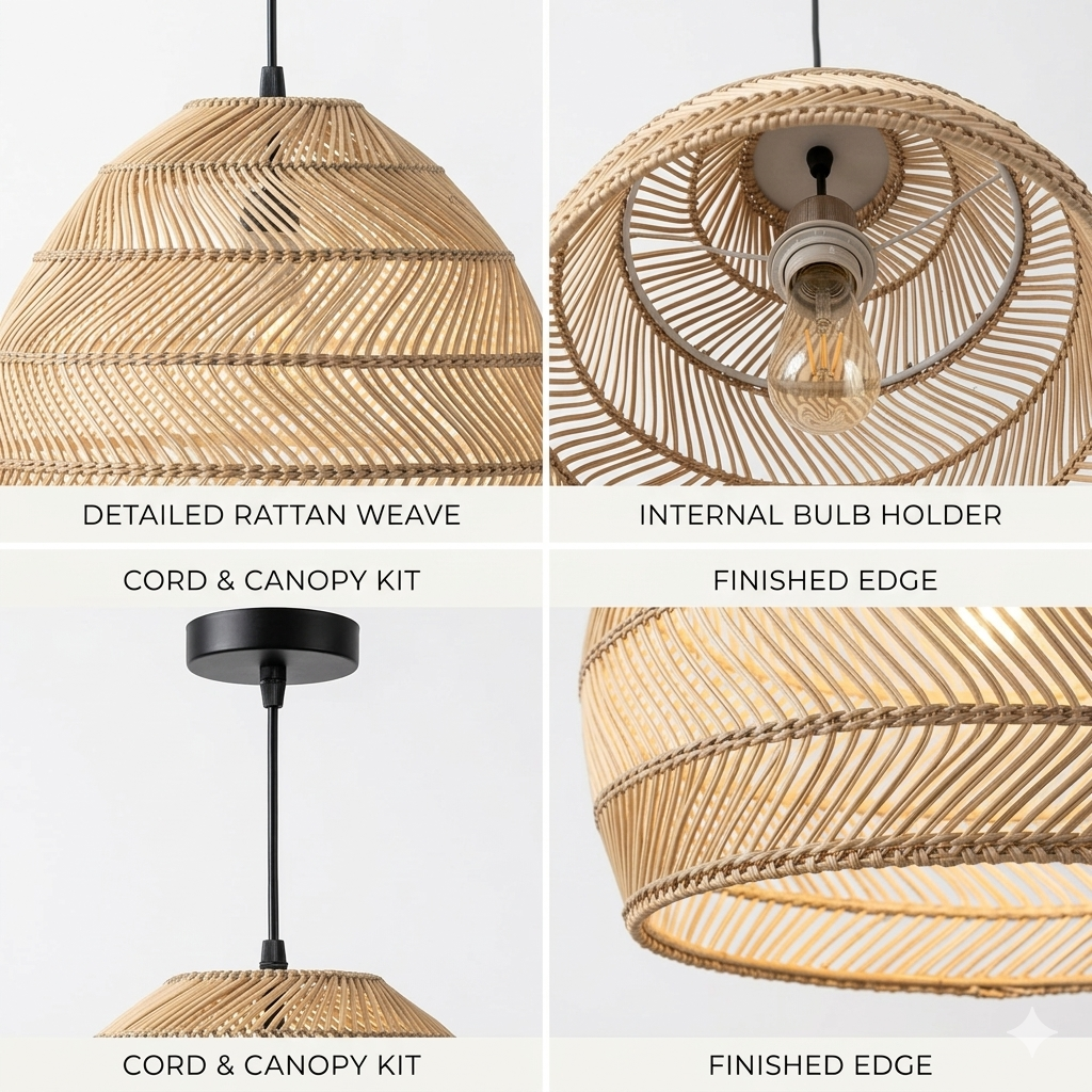 Cozy rattan pendant light providing the perfect warm, focused light for a reading nook.