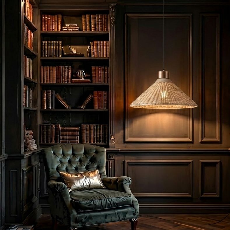 Cozy rattan and wood pendant light providing the perfect warm, focused light for a reading nook.